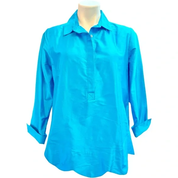 Sara Campbell Turquoise Silk Top Textured Scalloped Hem 1/4 Button Sz M Blouse - Picture 1 of 11